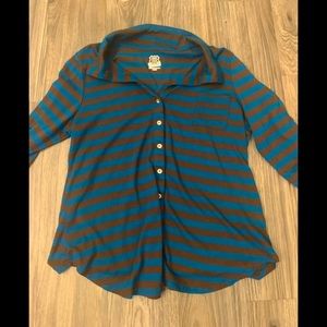 Striped Route 66 cotton blouse with tab roll sleeves